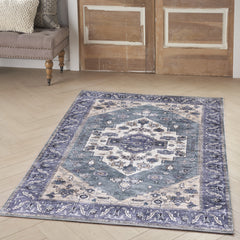 4' x 6' Blue and Beige Oriental Power Loom Distressed Washable Non Skid Area Rug