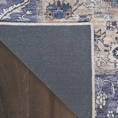 4' x 6' Blue and Beige Oriental Power Loom Distressed Washable Non Skid Area Rug