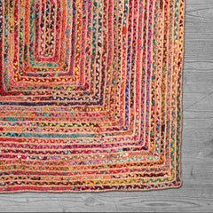 7' Tan Round Geometric Hand Braided Area Rug