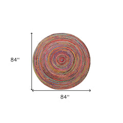 7' Tan Round Geometric Hand Braided Area Rug