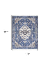9' x 12' Blue and Ivory Oriental Power Loom Distressed Washable Non Skid Area Rug