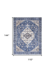 9' x 12' Blue and Ivory Oriental Power Loom Distressed Washable Non Skid Area Rug