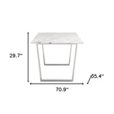 71" White And Silver Marble And Steel Dining Table