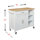 White and Natural 42" Rolling Kitchen Cart With Storage