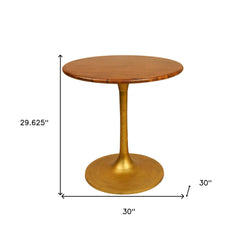 30" Brown and Gold Rounded Solid Wood and Iron Pedestal Base Dining Table