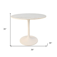 36" White Rounded Marble and Iron Pedestal Base Dining Table