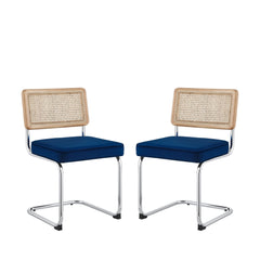Set of Two Navy Blue and Silver Upholstered Velvet Dining Side Chairs