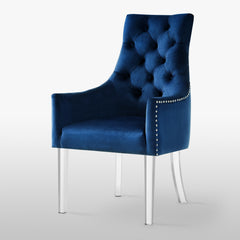 Set of Two Tufted Navy Blue and Clear Upholstered Velvet Dining Arm Chairs