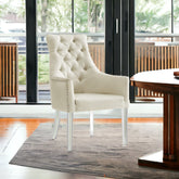Set of Two Tufted Cream and Clear Upholstered Linen Dining Arm Chairs