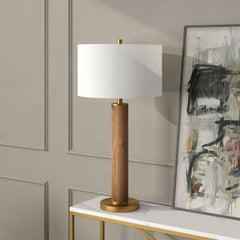 29" Gold and Brown Metal Table Lamp With White Drum Shade
