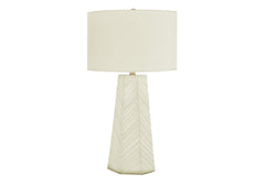 29" White Ceramic Geometric Table Lamp With Ivory Drum Shade