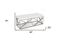 48" White and Silver Upholstered Faux Leather Bench