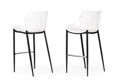 Set of Two 30" White And Black Faux Leather And Steel Low Back Bar Height Bar Chairs