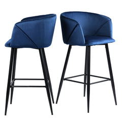 Set of Two 28" Blue And Black Velvet And Steel Low Back Bar Height Bar Chairs