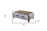 51" Antique Oak & Aluminum Solid Wood Coffee Table With Storage