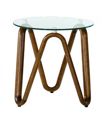 20" Walnut And Clear Glass Solid Wood Ribbon Base Round End Table
