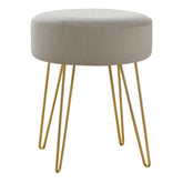 14" Beige Velvet And Gold Round Ottoman