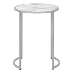 24" Silver And White Faux Marble Round End Table