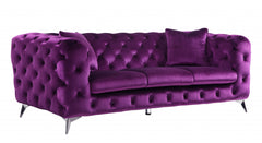 90" Purple And Silver Velvet Sofa