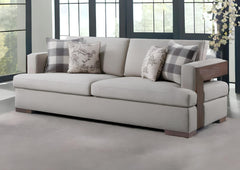 92" Fabric Linen And Brown Sofa With Four Toss Pillows