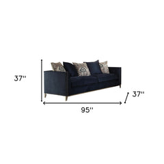 95" Blue And Silver Velvet Sofa And Toss Pillows