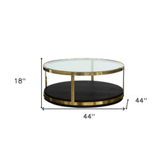 44" Black And Gold Glass And Metal Round Coffee Table With Shelf