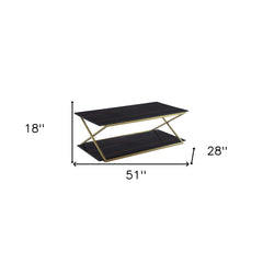 51" Dark Brown And Gold Metal Coffee Table With Shelf