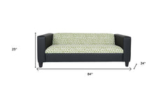 84" Green and White Faux Leather And Black Geometric Sofa