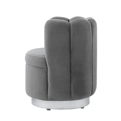 27" Light Gray And Silver Velvet Tufted Swivel Barrel Chair