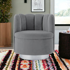 27" Light Gray And Silver Velvet Tufted Swivel Barrel Chair