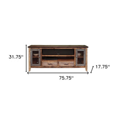 76" Brown Solid Wood Cabinet Enclosed Storage Distressed TV Stand