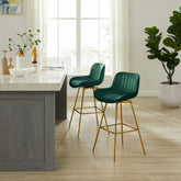 Set of Two 29" Green And Gold Velvet And Metal Swivel Low Back Bar Height Bar Chairs
