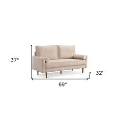 69" Beige Velvet and Dark Brown Sofa and Toss Pillows