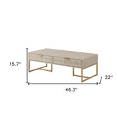 46" Cream And Gold Stainless Steel Coffee Table With Two Drawers
