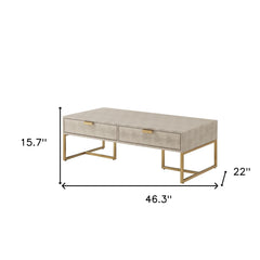 46" Cream And Gold Stainless Steel Coffee Table With Two Drawers