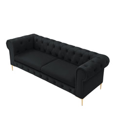 87" Black Faux Leather and Gold Chesterfield Sofa