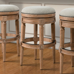 31" Beige And Natural Solid Wood Swivel Backless Bar Height Bar Chair