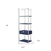 68" Navy Blue Stainless Steel Four Tier Etagere Bookcase with a drawer