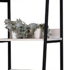 67" Natural and Black Metal Five Tier Ladder Bookcase