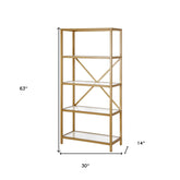 63" Gold Metal and Glass Five Tier Etagere Bookcase