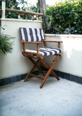 Blue and White And Brown Solid Wood Director Chair With Blue and White Cushion