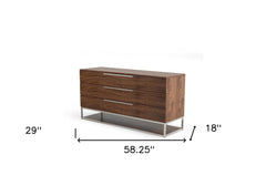 58" Walnut Manufactured Wood Three Drawer Dresser