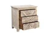 30" Distressed White Three Drawer Starburst Pattern Solid Wood Nightstand