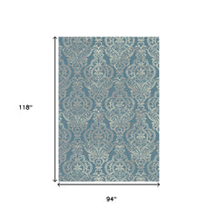8' x 10' Blue and Beige Damask Distressed Area Rug