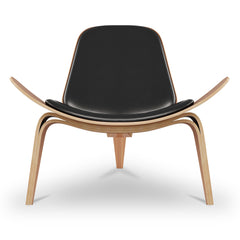 36" Black And Wood Brown Genuine Leather Lounge Chair