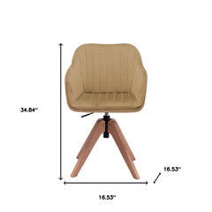 Tufted Champagne And Natural Velvet and Wood Dining Arm Chair