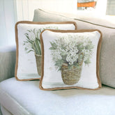 Set of Two Beige and Green Floral Polyester Blend Throw Pillows