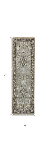 8' Beige Blue and Gray Medallion Hand Knotted Runner Rug With Fringe