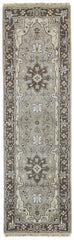 8' Beige Blue and Gray Medallion Hand Knotted Runner Rug With Fringe