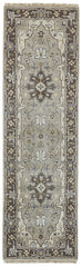 8' Beige Blue and Gray Medallion Hand Knotted Runner Rug With Fringe